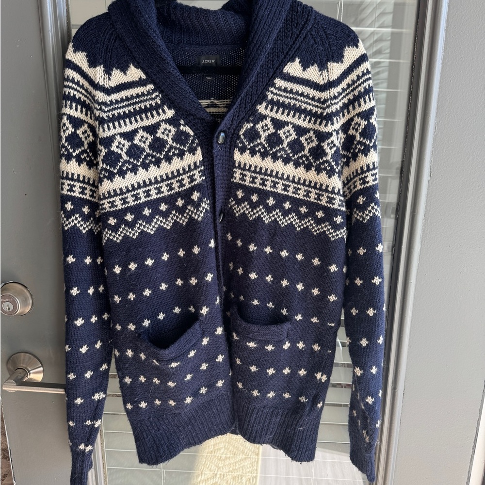 J.Crew Navy and Cream Wool Cardigan Sweater Size Medium